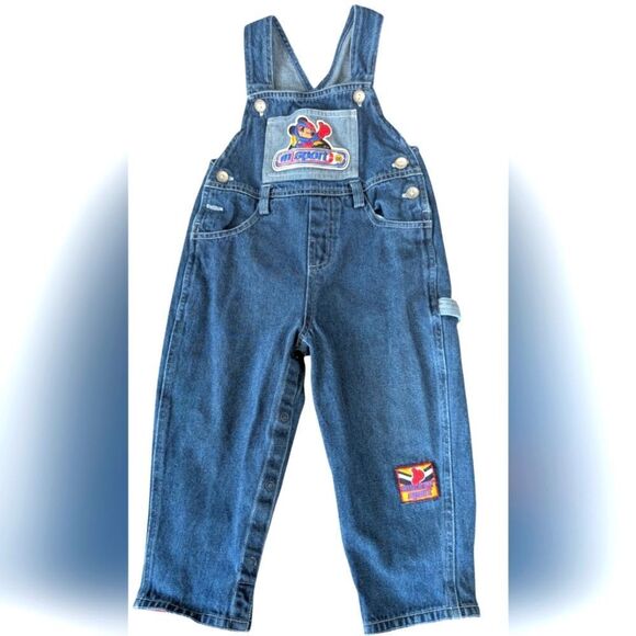 Disney Mickey Mouse Vintage Blue Denim Racing Theme‎ Overalls Size 18 Months - Picture 1 of 8